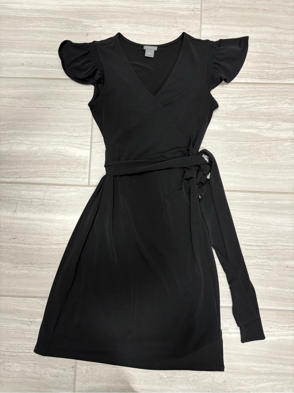 Ann Taylor Black Midi Wrap Dress with Flutter Sleeves